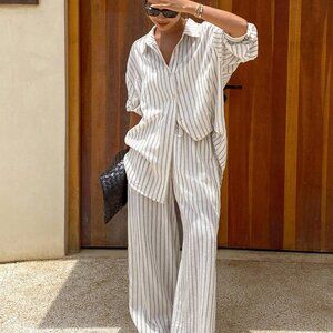 Khaki Casual Women's Loose Striped Set Lounge Sets